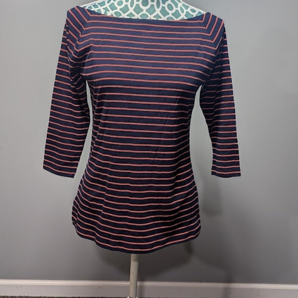 G.H. Bass Striped Boatneck Tee Medium Navy/pink 3/4 Sleeve
